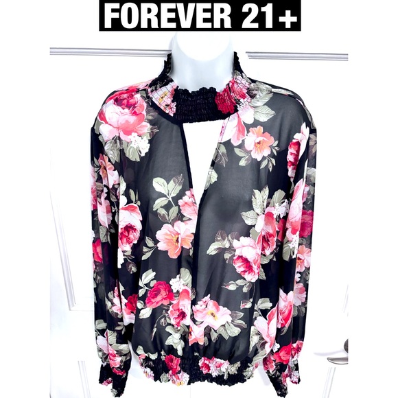 Forever 21+ Sheer Floral Top with Smocked Collar Wrists and hem - Picture 1 of 8